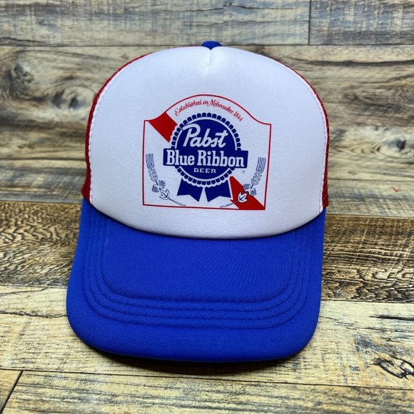 Pabst Blue Ribbon Mens Trucker Hat Red White Blue Lager Beer Retro Logo Cap - Picture 2 of 8